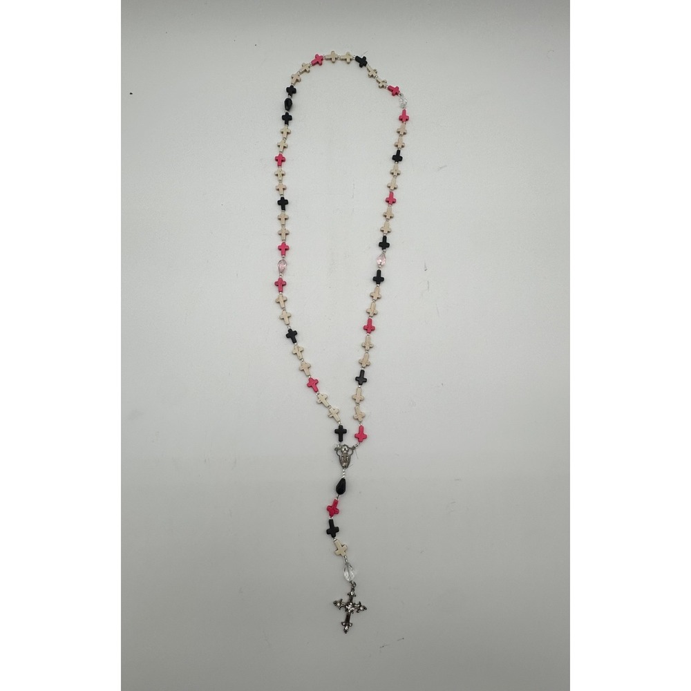 Handmade Cross Bead Rosary Necklace Pink Black Cream Gothic Punk Crucifix